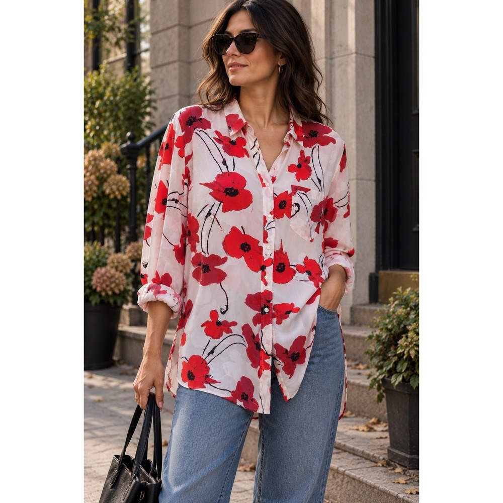 J.Crew Women’s 100% Silk Poppy Floral Button Down Blouse White Red 16T Tall